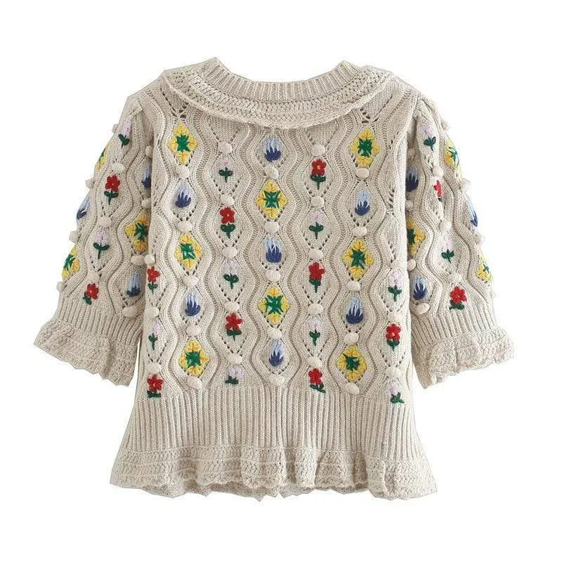 Embroidered Chunky Cable Knit Cardigan