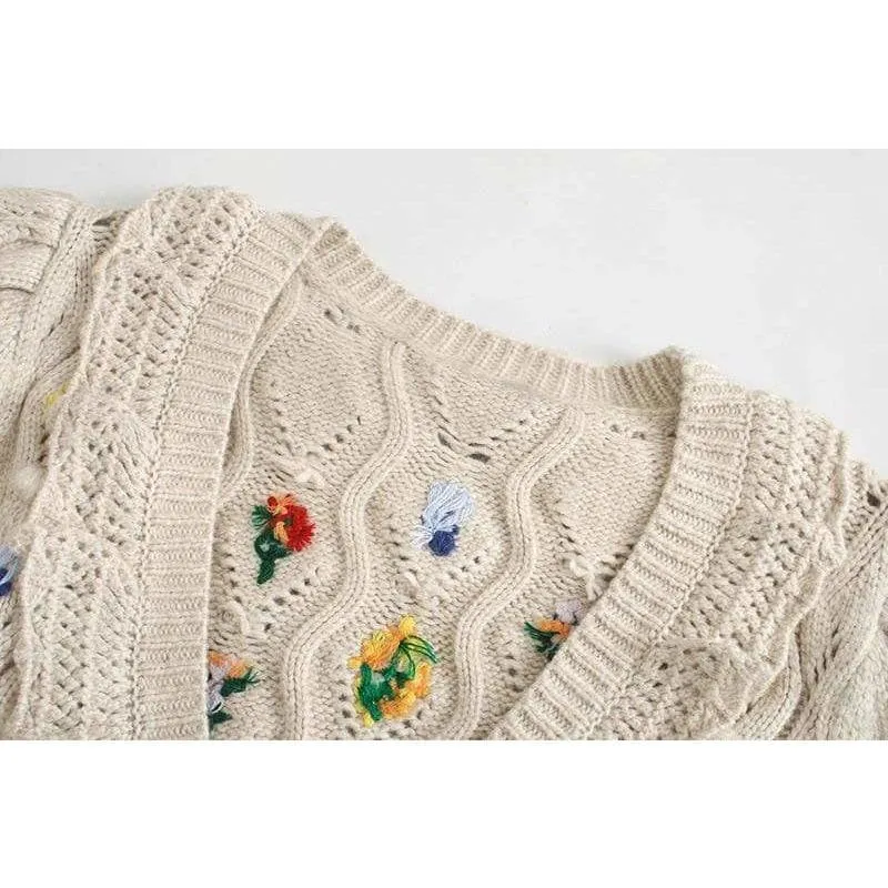 Embroidered Chunky Cable Knit Cardigan