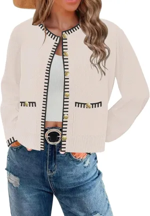 ETCYY Womens 2025 Lightweight Knit Cardigan Sweaters Fall Long Sleeve Crewneck Open Front Button Down Outerwear Lady Jacket