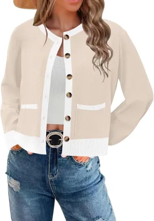 ETCYY Womens 2025 Lightweight Knit Cardigan Sweaters Fall Long Sleeve Crewneck Open Front Button Down Outerwear Lady Jacket