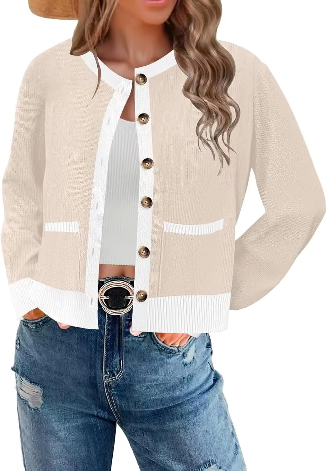 ETCYY Womens 2025 Lightweight Knit Cardigan Sweaters Fall Long Sleeve Crewneck Open Front Button Down Outerwear Lady Jacket