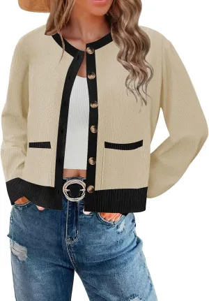 ETCYY Womens 2025 Lightweight Knit Cardigan Sweaters Fall Long Sleeve Crewneck Open Front Button Down Outerwear Lady Jacket