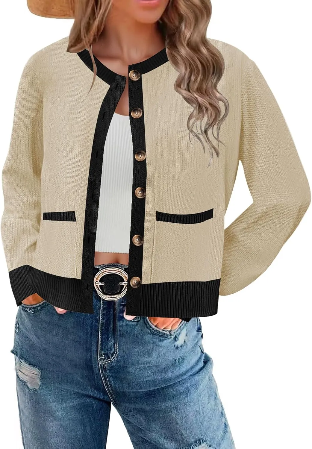 ETCYY Womens 2025 Lightweight Knit Cardigan Sweaters Fall Long Sleeve Crewneck Open Front Button Down Outerwear Lady Jacket