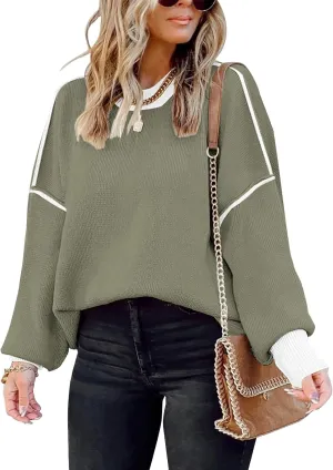 ETCYY Womens Oversized Sweaters Fall 2025 Fashion Clothes Trendy Batwing Sleeve Colorblock Striped Knit Pullover Tops