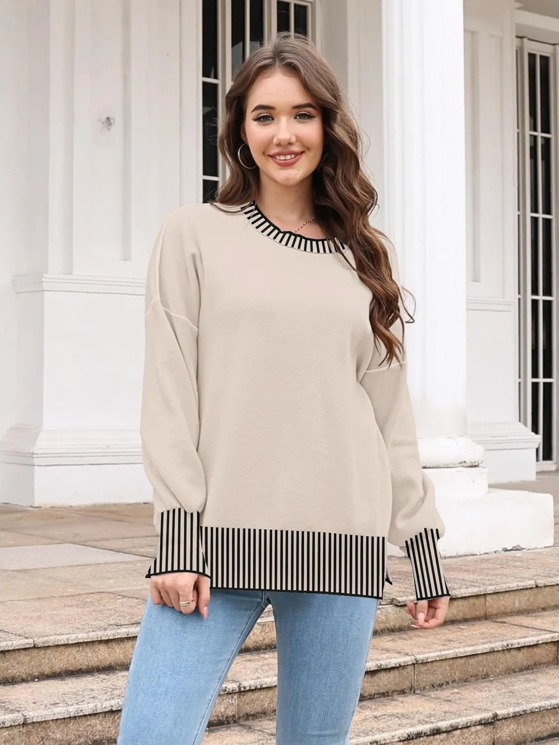 ETCYY Womens Oversized Sweaters Fall 2025 Fashion Clothes Trendy Batwing Sleeve Colorblock Striped Knit Pullover Tops