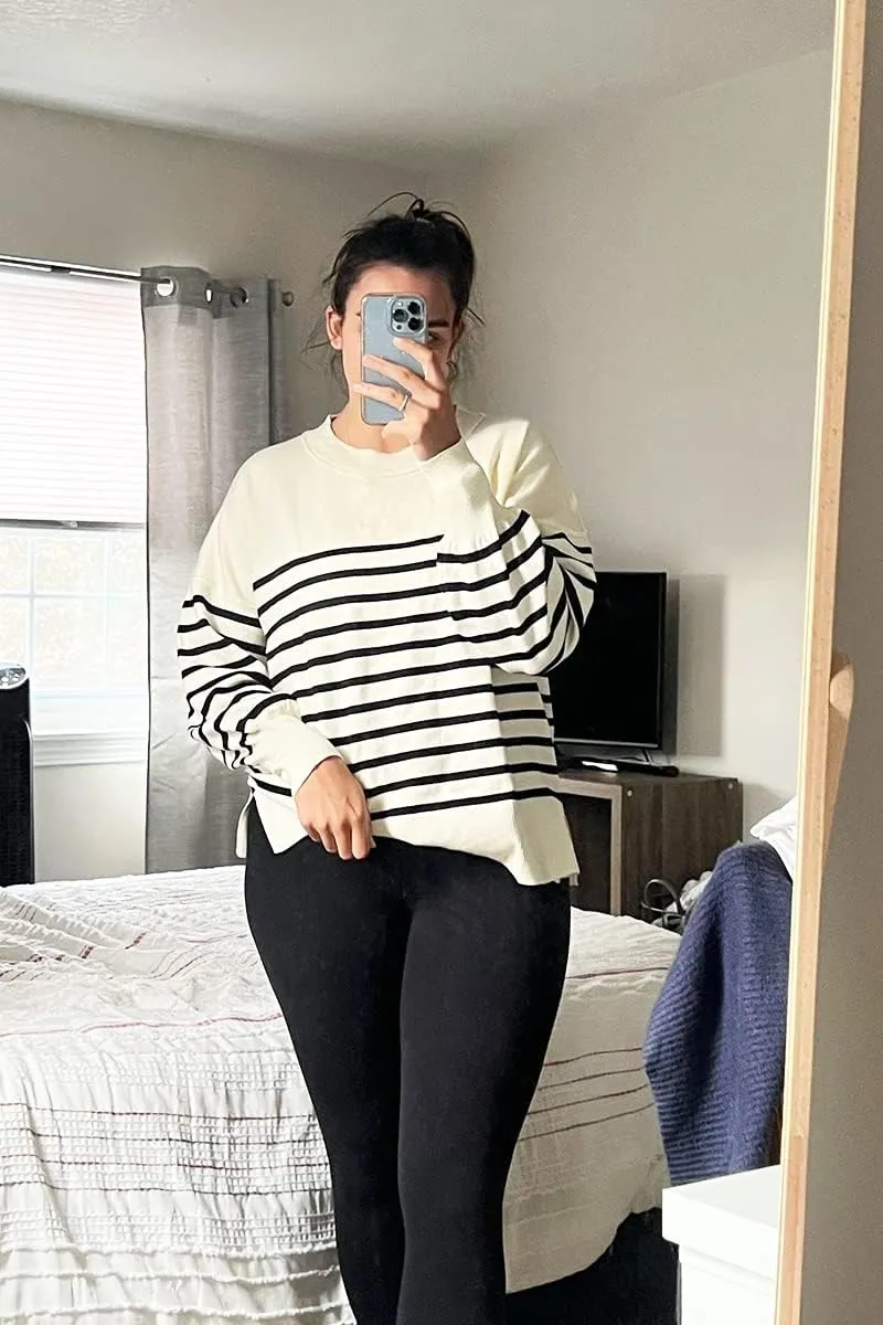 ETCYY Womens Oversized Sweaters Fall 2025 Fashion Clothes Trendy Batwing Sleeve Colorblock Striped Knit Pullover Tops