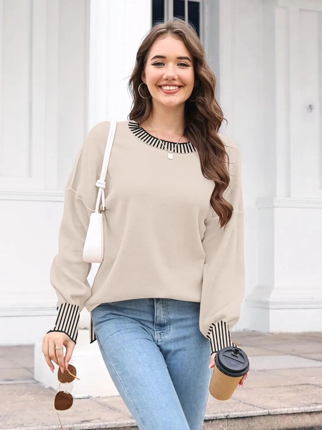 ETCYY Womens Oversized Sweaters Fall 2025 Fashion Clothes Trendy Batwing Sleeve Colorblock Striped Knit Pullover Tops