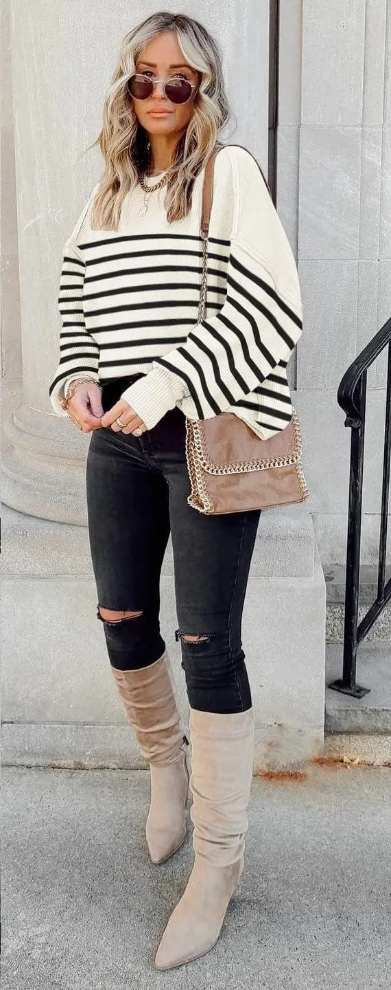 ETCYY Womens Oversized Sweaters Fall 2025 Fashion Clothes Trendy Batwing Sleeve Colorblock Striped Knit Pullover Tops
