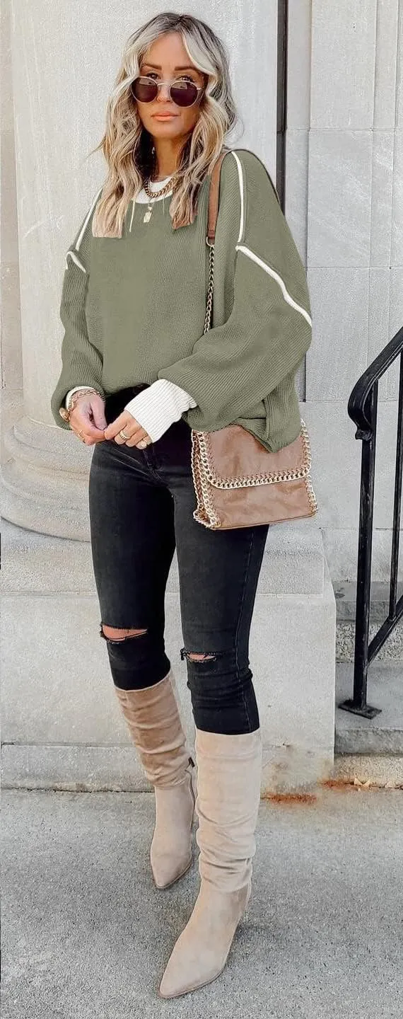 ETCYY Womens Oversized Sweaters Fall 2025 Fashion Clothes Trendy Batwing Sleeve Colorblock Striped Knit Pullover Tops