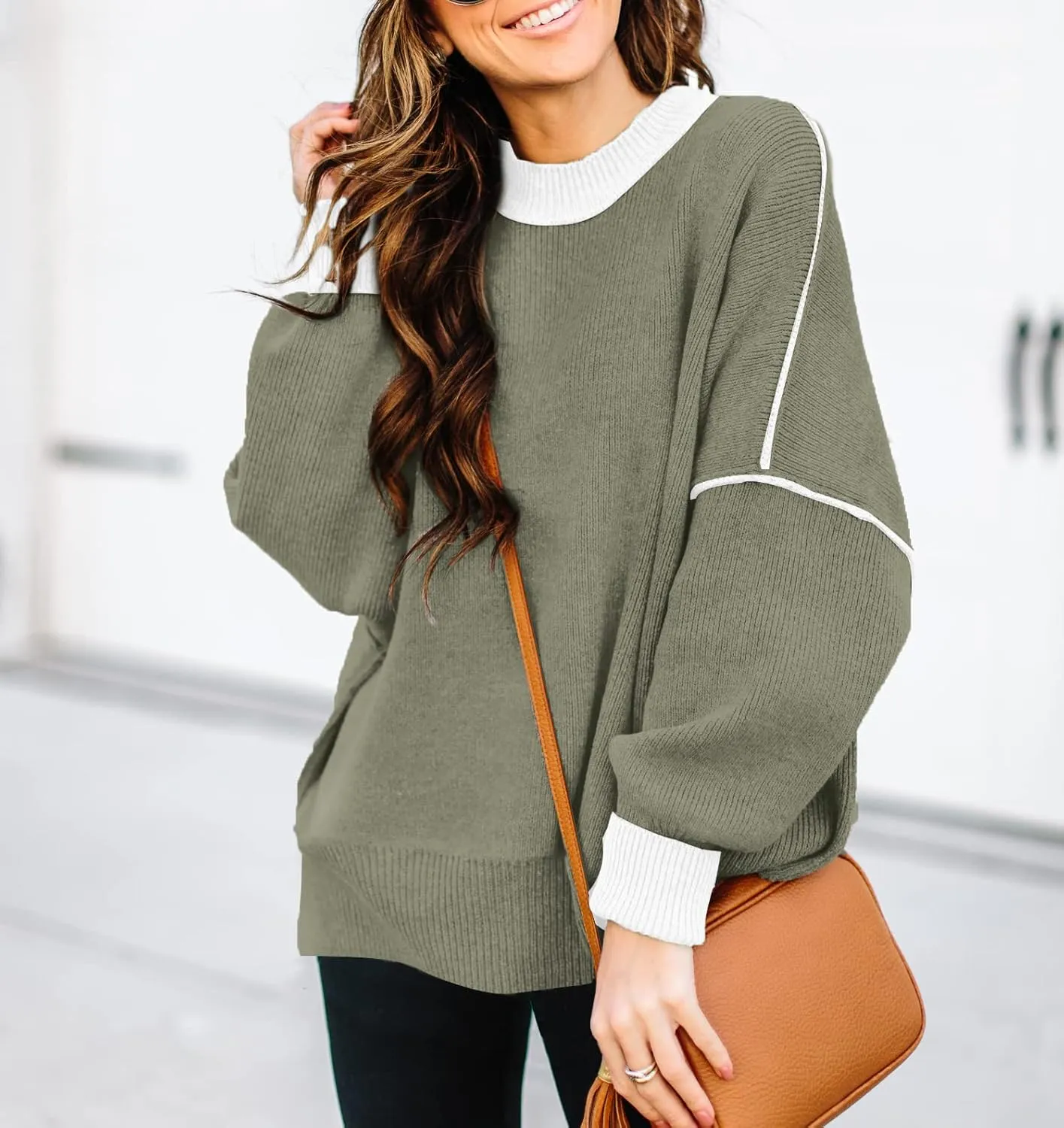 ETCYY Womens Oversized Sweaters Fall 2025 Fashion Clothes Trendy Batwing Sleeve Colorblock Striped Knit Pullover Tops
