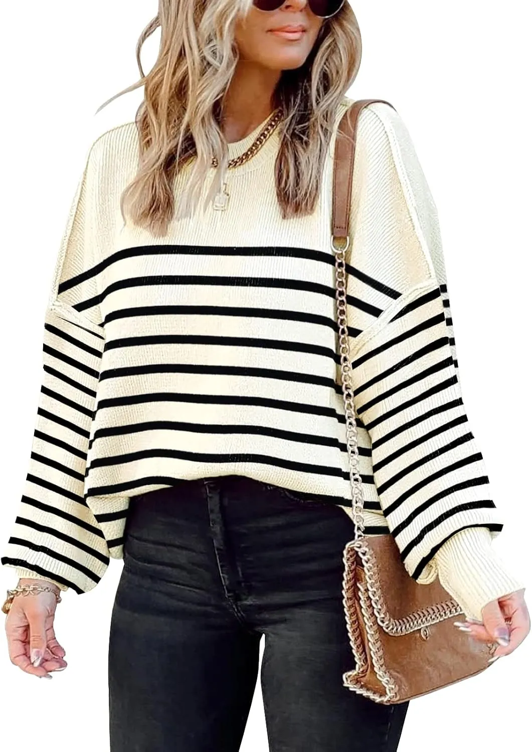 ETCYY Womens Oversized Sweaters Fall 2025 Fashion Clothes Trendy Batwing Sleeve Colorblock Striped Knit Pullover Tops