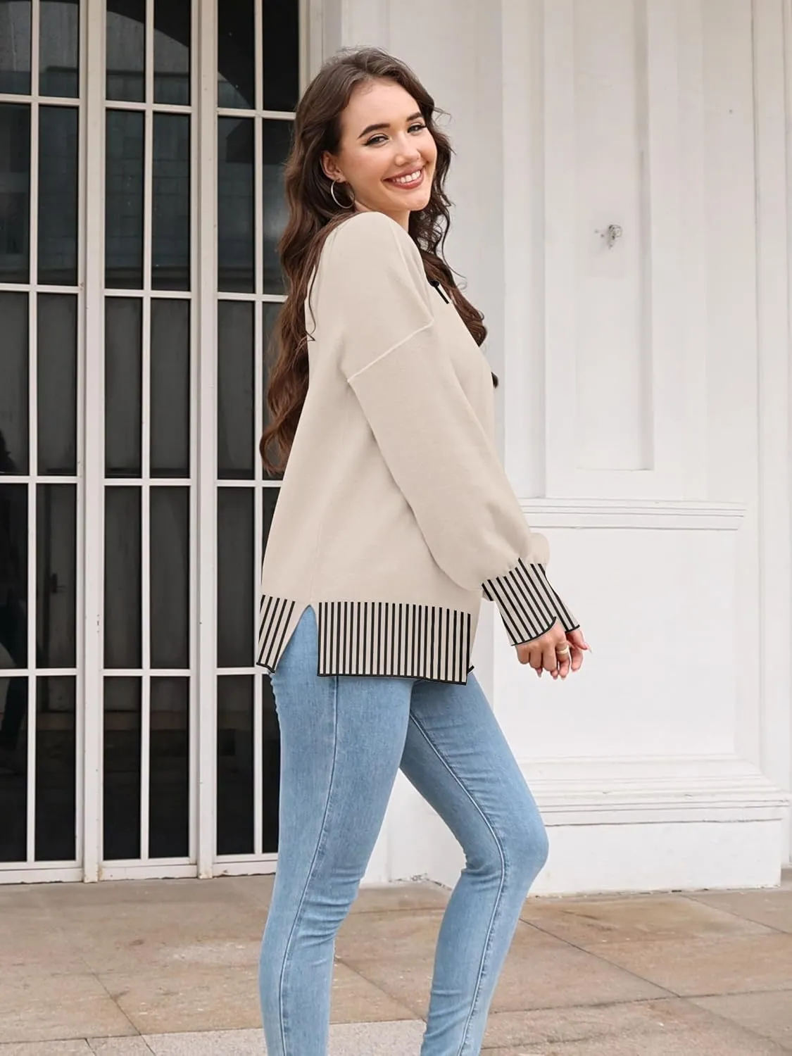 ETCYY Womens Oversized Sweaters Fall 2025 Fashion Clothes Trendy Batwing Sleeve Colorblock Striped Knit Pullover Tops