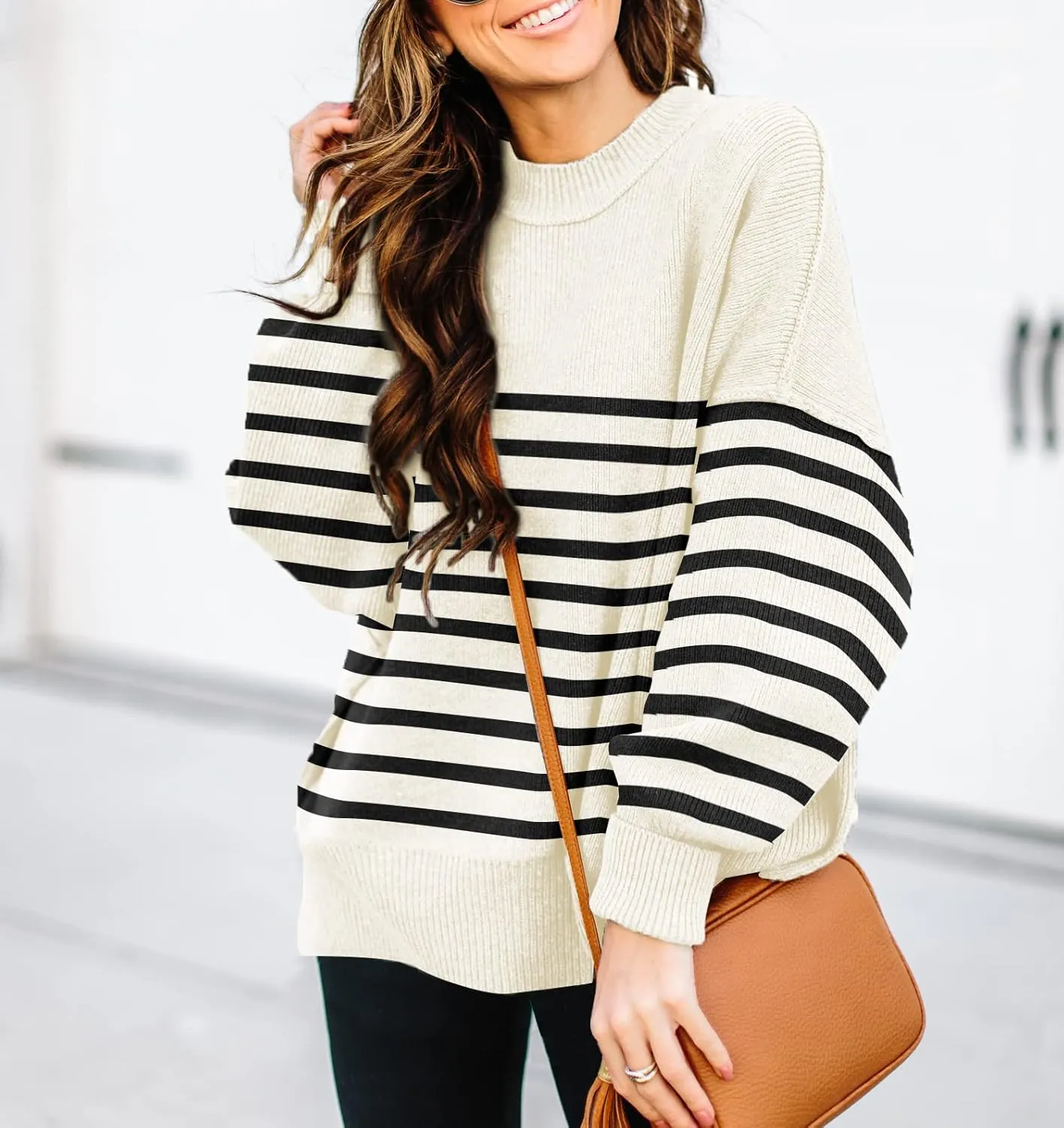 ETCYY Womens Oversized Sweaters Fall 2025 Fashion Clothes Trendy Batwing Sleeve Colorblock Striped Knit Pullover Tops