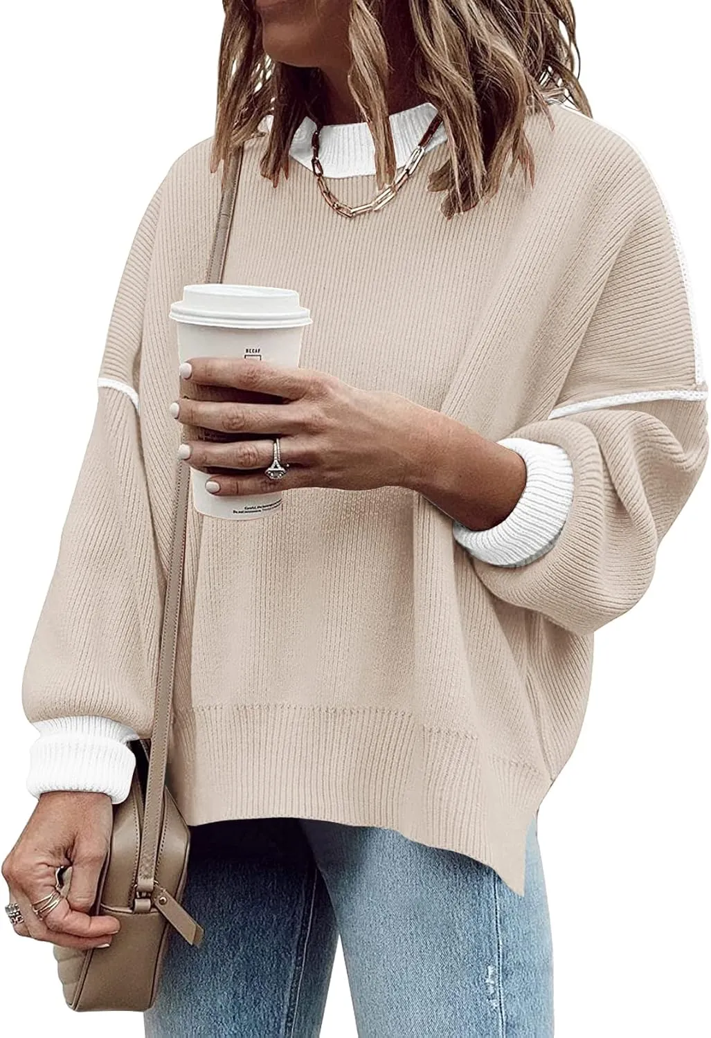 ETCYY Womens Oversized Sweaters Fall 2025 Fashion Clothes Trendy Batwing Sleeve Colorblock Striped Knit Pullover Tops