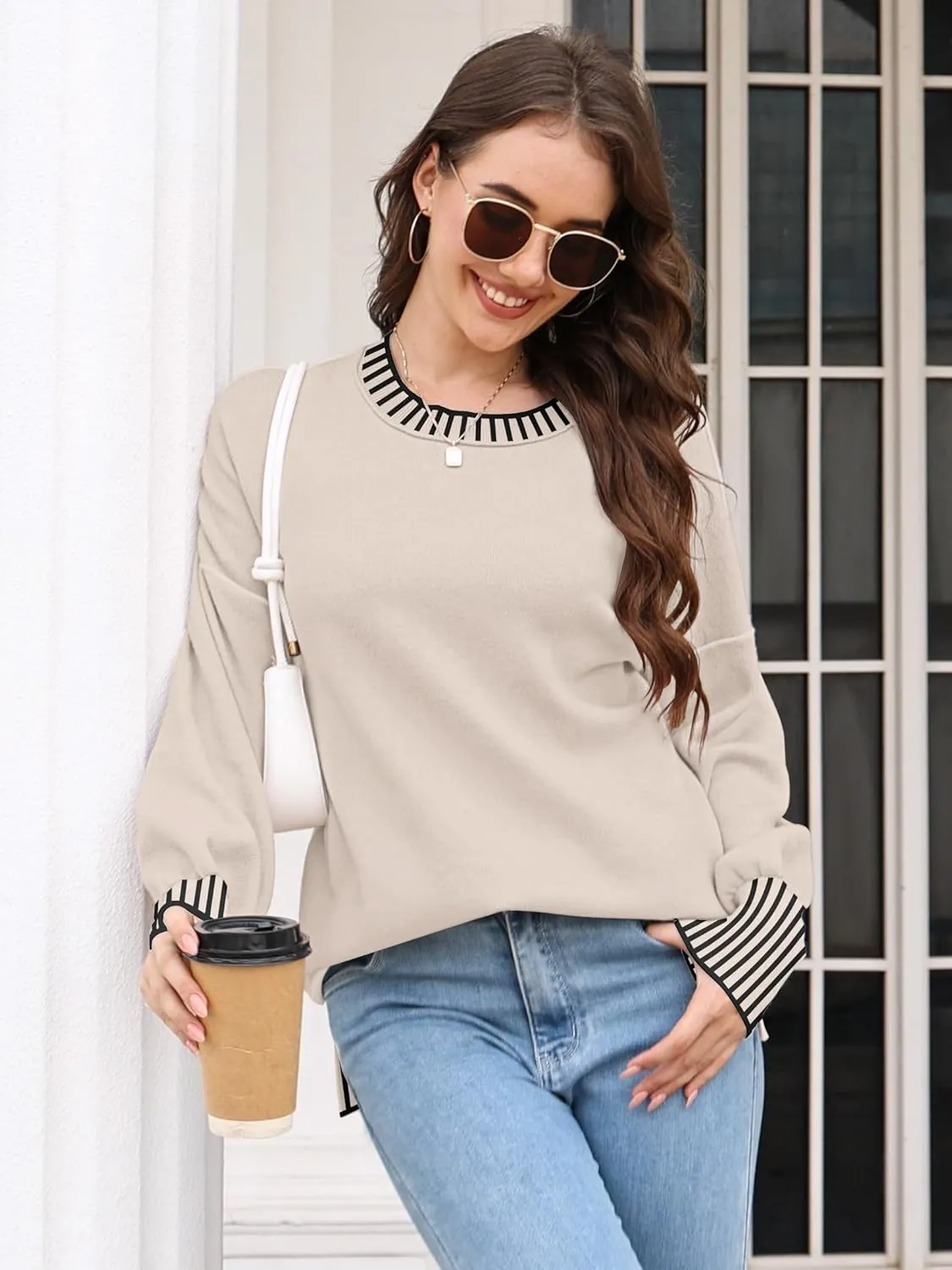 ETCYY Womens Oversized Sweaters Fall 2025 Fashion Clothes Trendy Batwing Sleeve Colorblock Striped Knit Pullover Tops