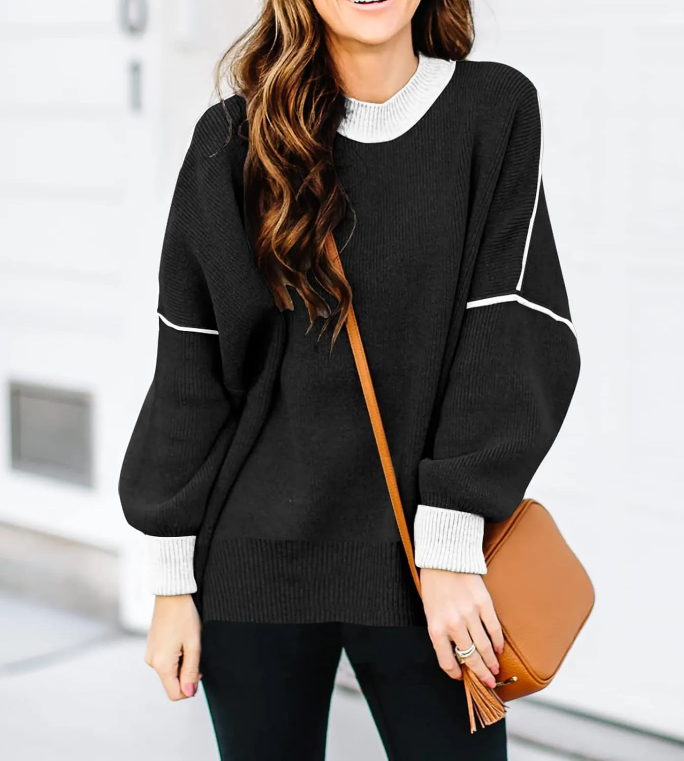 ETCYY Womens Oversized Sweaters Fall 2025 Fashion Clothes Trendy Batwing Sleeve Colorblock Striped Knit Pullover Tops