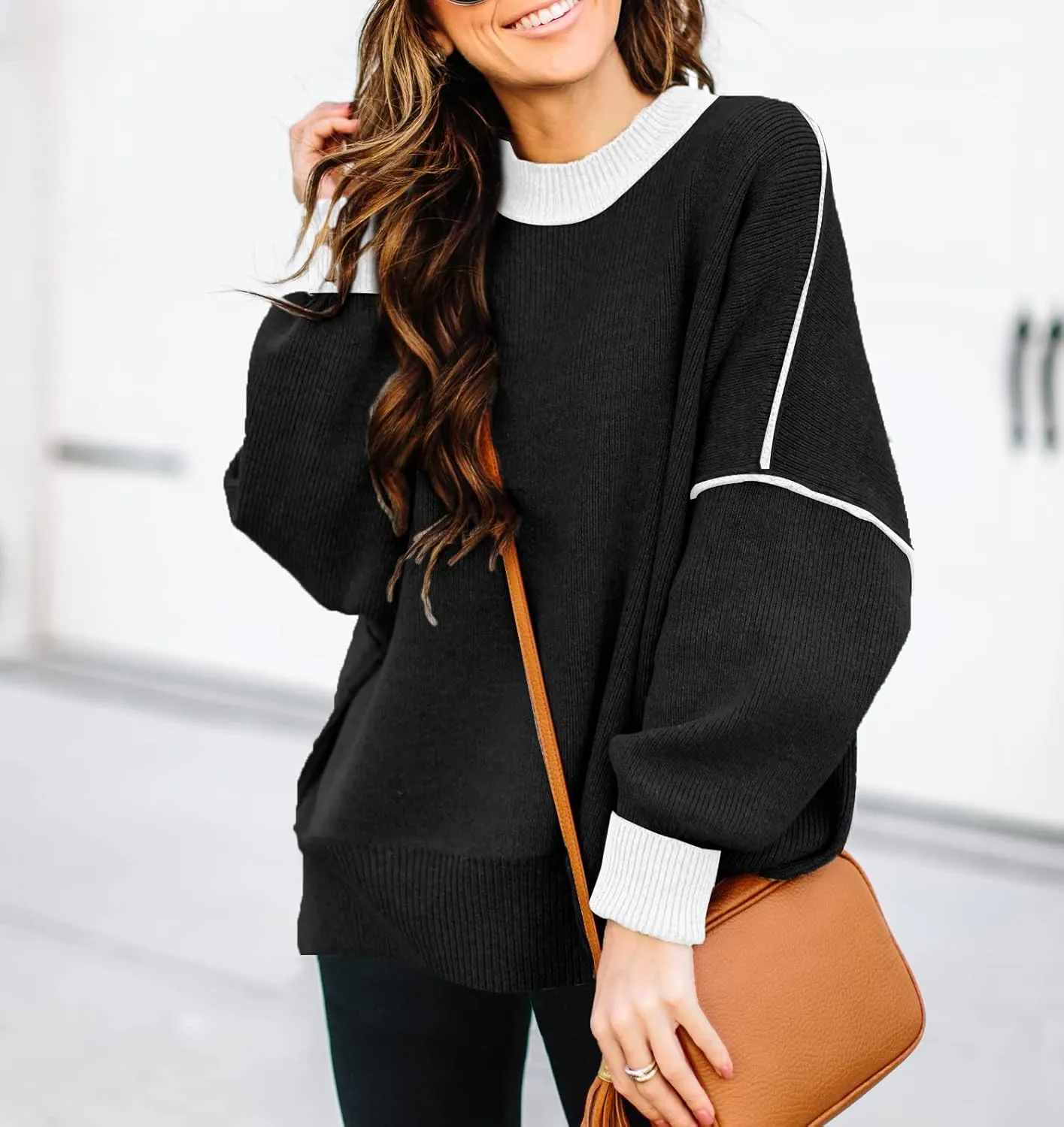ETCYY Womens Oversized Sweaters Fall 2025 Fashion Clothes Trendy Batwing Sleeve Colorblock Striped Knit Pullover Tops