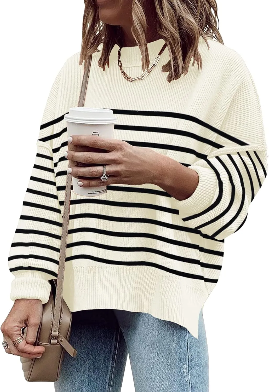 ETCYY Womens Oversized Sweaters Fall 2025 Fashion Clothes Trendy Batwing Sleeve Colorblock Striped Knit Pullover Tops