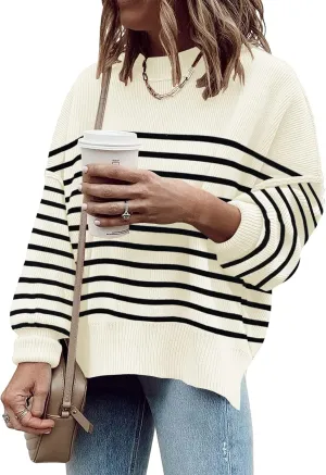 ETCYY Womens Oversized Sweaters Fall 2025 Fashion Clothes Trendy Batwing Sleeve Colorblock Striped Knit Pullover Tops