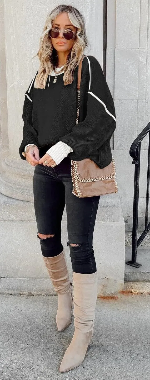 ETCYY Womens Oversized Sweaters Fall 2025 Fashion Clothes Trendy Batwing Sleeve Colorblock Striped Knit Pullover Tops