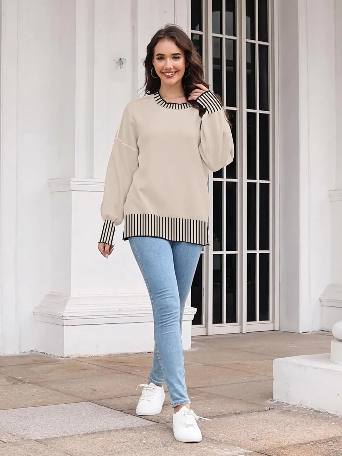ETCYY Womens Oversized Sweaters Fall 2025 Fashion Clothes Trendy Batwing Sleeve Colorblock Striped Knit Pullover Tops