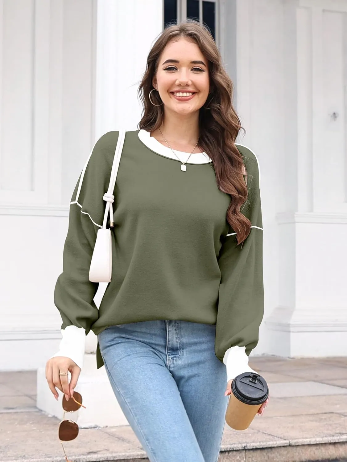 ETCYY Womens Sweaters Fall 2025 Batwing Long Sleeve Side Slit Knit Tops Crew Neck Striped Oversized Sweater Pullover