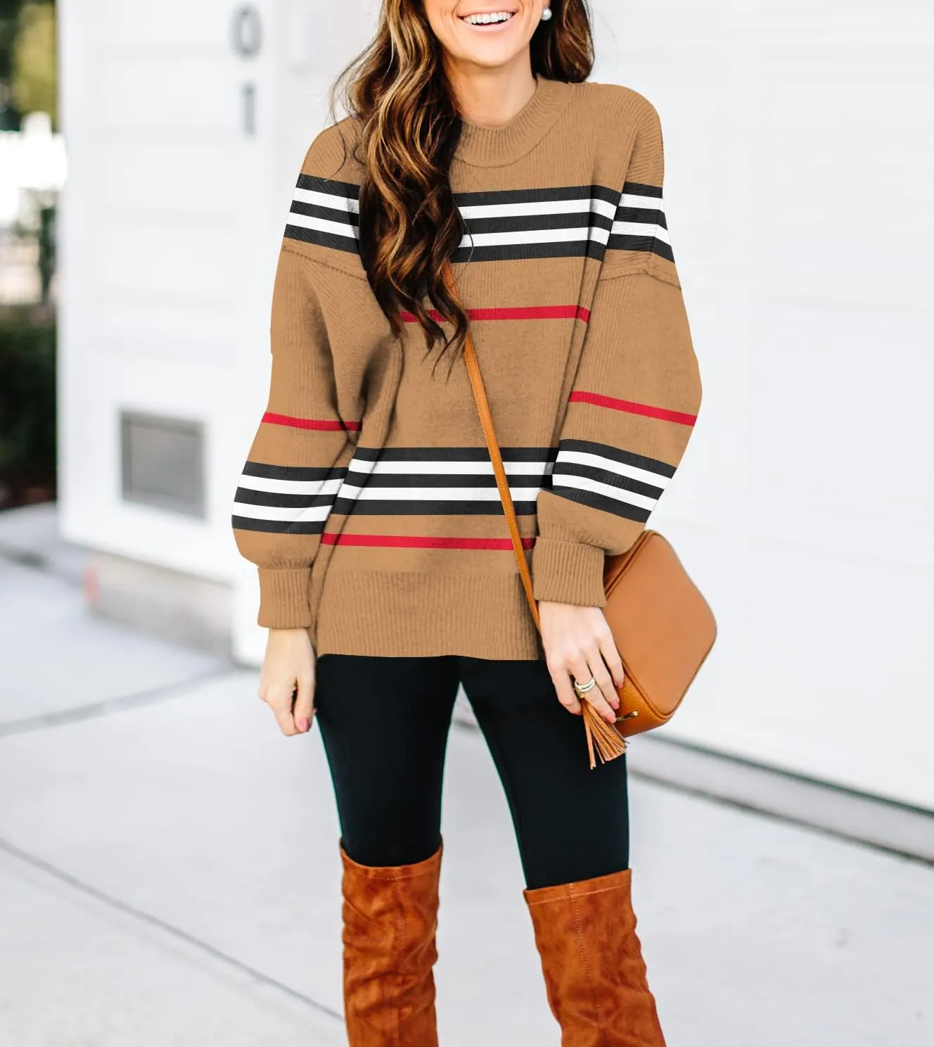 ETCYY Womens Sweaters Fall 2025 Batwing Long Sleeve Side Slit Knit Tops Crew Neck Striped Oversized Sweater Pullover