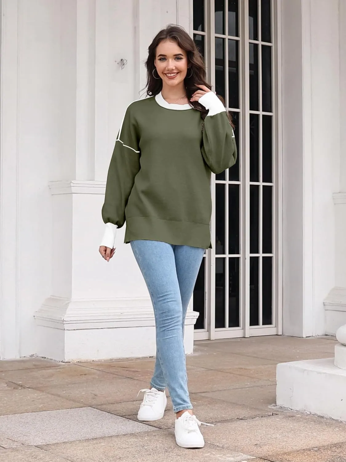 ETCYY Womens Sweaters Fall 2025 Batwing Long Sleeve Side Slit Knit Tops Crew Neck Striped Oversized Sweater Pullover