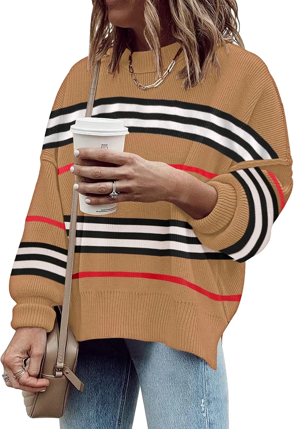 ETCYY Womens Sweaters Fall 2025 Batwing Long Sleeve Side Slit Knit Tops Crew Neck Striped Oversized Sweater Pullover