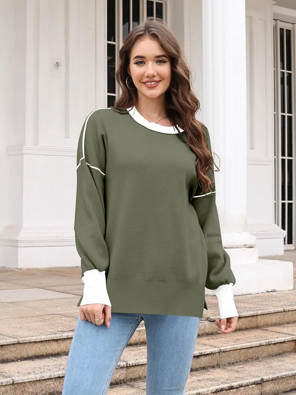 ETCYY Womens Sweaters Fall 2025 Batwing Long Sleeve Side Slit Knit Tops Crew Neck Striped Oversized Sweater Pullover