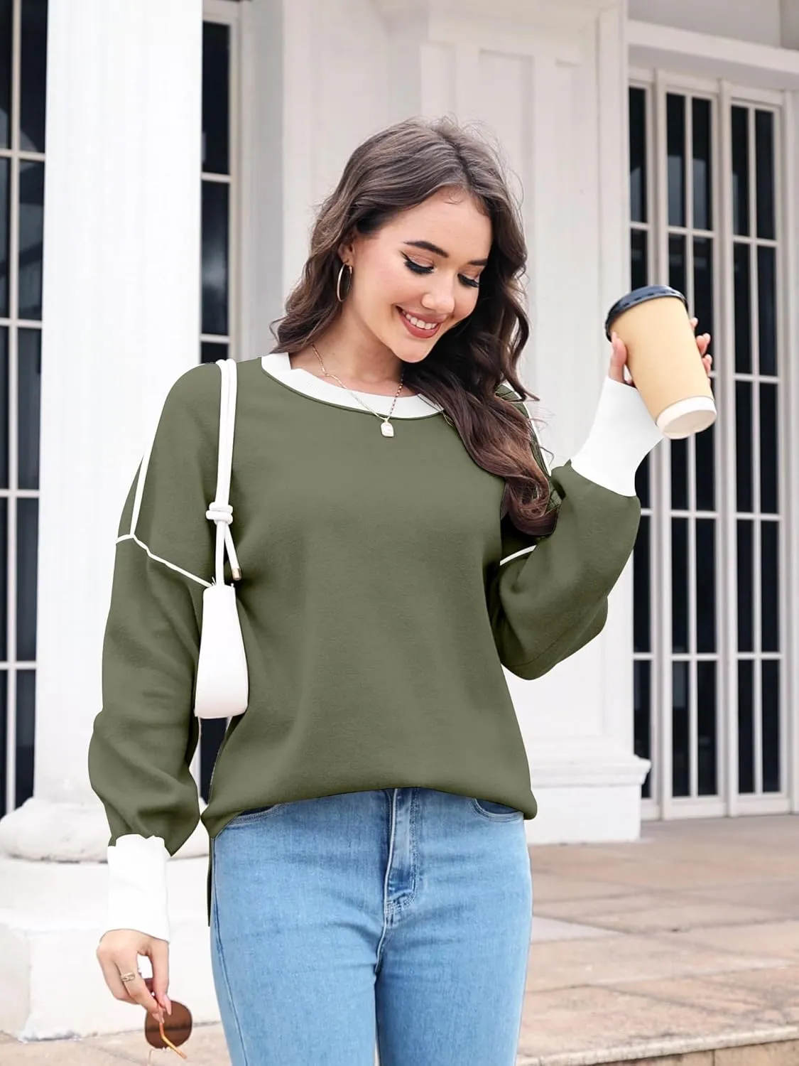 ETCYY Womens Sweaters Fall 2025 Batwing Long Sleeve Side Slit Knit Tops Crew Neck Striped Oversized Sweater Pullover