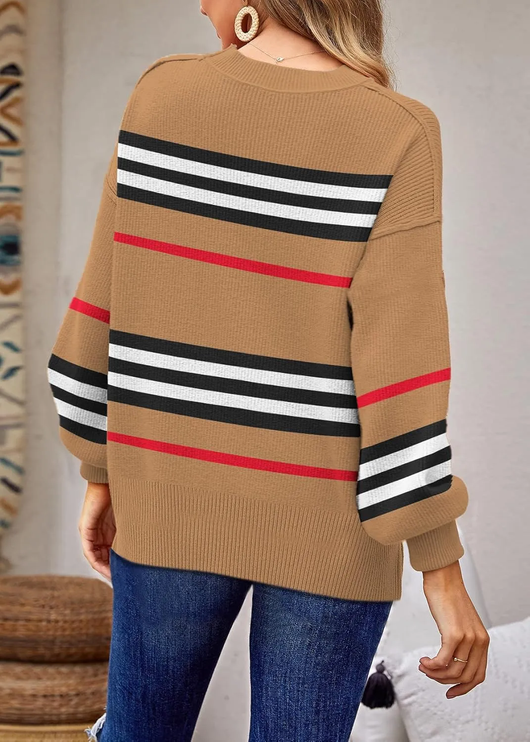 ETCYY Womens Sweaters Fall 2025 Batwing Long Sleeve Side Slit Knit Tops Crew Neck Striped Oversized Sweater Pullover
