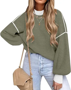 ETCYY Womens Sweaters Fall 2025 Batwing Long Sleeve Side Slit Knit Tops Crew Neck Striped Oversized Sweater Pullover