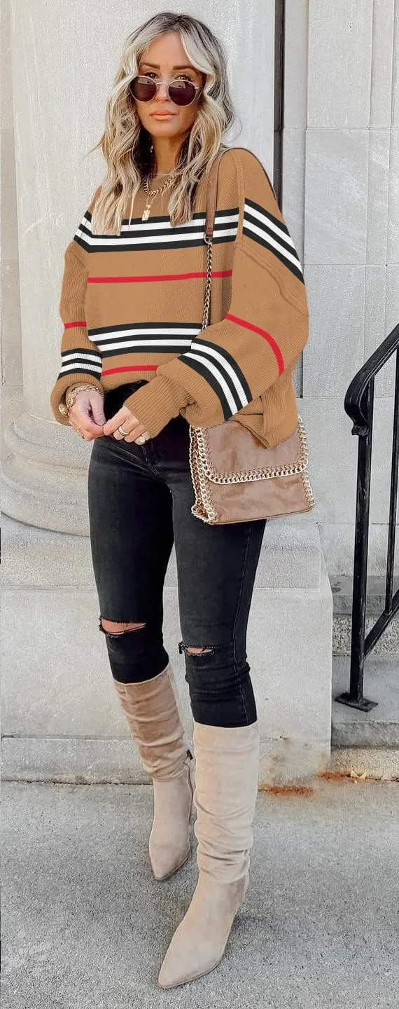 ETCYY Womens Sweaters Fall 2025 Batwing Long Sleeve Side Slit Knit Tops Crew Neck Striped Oversized Sweater Pullover