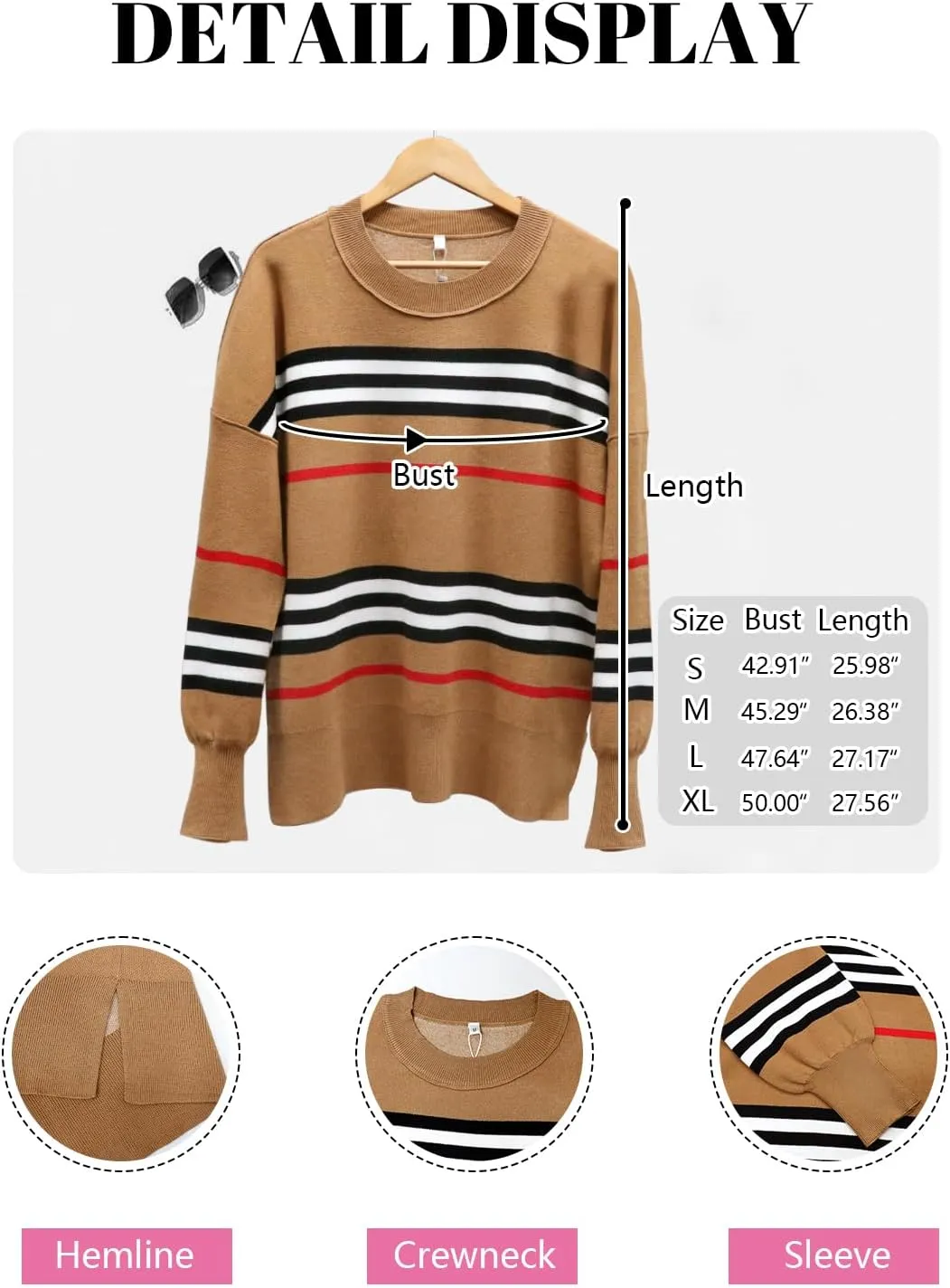 ETCYY Womens Sweaters Fall 2025 Batwing Long Sleeve Side Slit Knit Tops Crew Neck Striped Oversized Sweater Pullover
