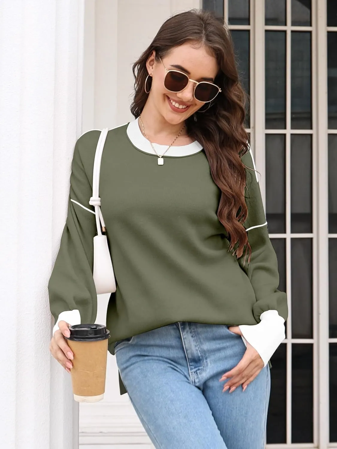 ETCYY Womens Sweaters Fall 2025 Batwing Long Sleeve Side Slit Knit Tops Crew Neck Striped Oversized Sweater Pullover
