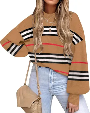 ETCYY Womens Sweaters Fall 2025 Batwing Long Sleeve Side Slit Knit Tops Crew Neck Striped Oversized Sweater Pullover