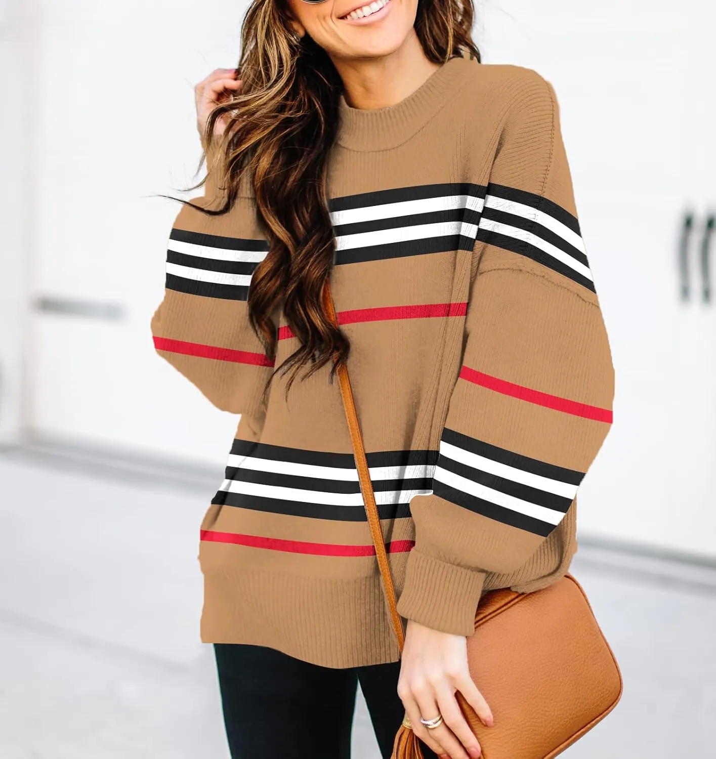 ETCYY Womens Sweaters Fall 2025 Batwing Long Sleeve Side Slit Knit Tops Crew Neck Striped Oversized Sweater Pullover