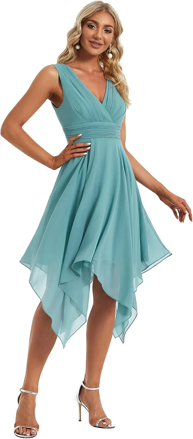 Ever-Pretty Women's V Neck Pleated Waist Sleeveless Wedding Guest Dress Chiffon Irregular Hem Cocktail Dresses 03142