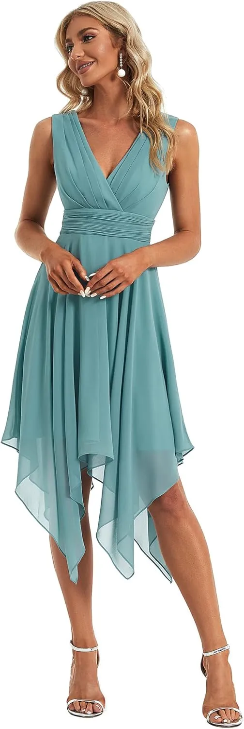 Ever-Pretty Women's V Neck Pleated Waist Sleeveless Wedding Guest Dress Chiffon Irregular Hem Cocktail Dresses 03142