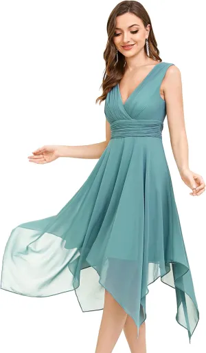 Ever-Pretty Women's V Neck Pleated Waist Sleeveless Wedding Guest Dress Chiffon Irregular Hem Cocktail Dresses 03142