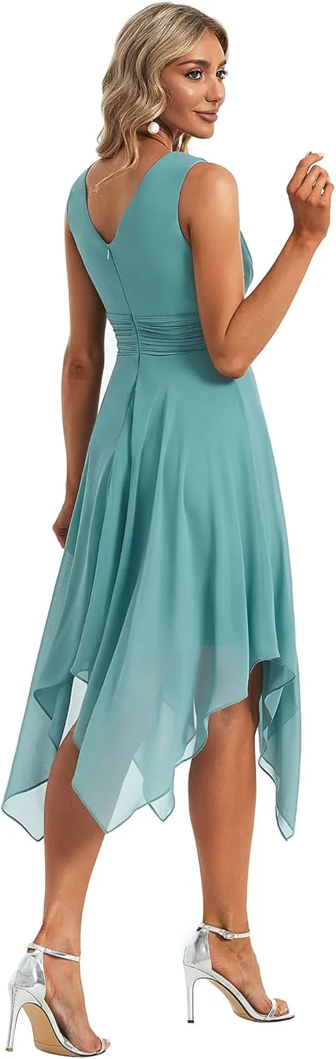 Ever-Pretty Women's V Neck Pleated Waist Sleeveless Wedding Guest Dress Chiffon Irregular Hem Cocktail Dresses 03142