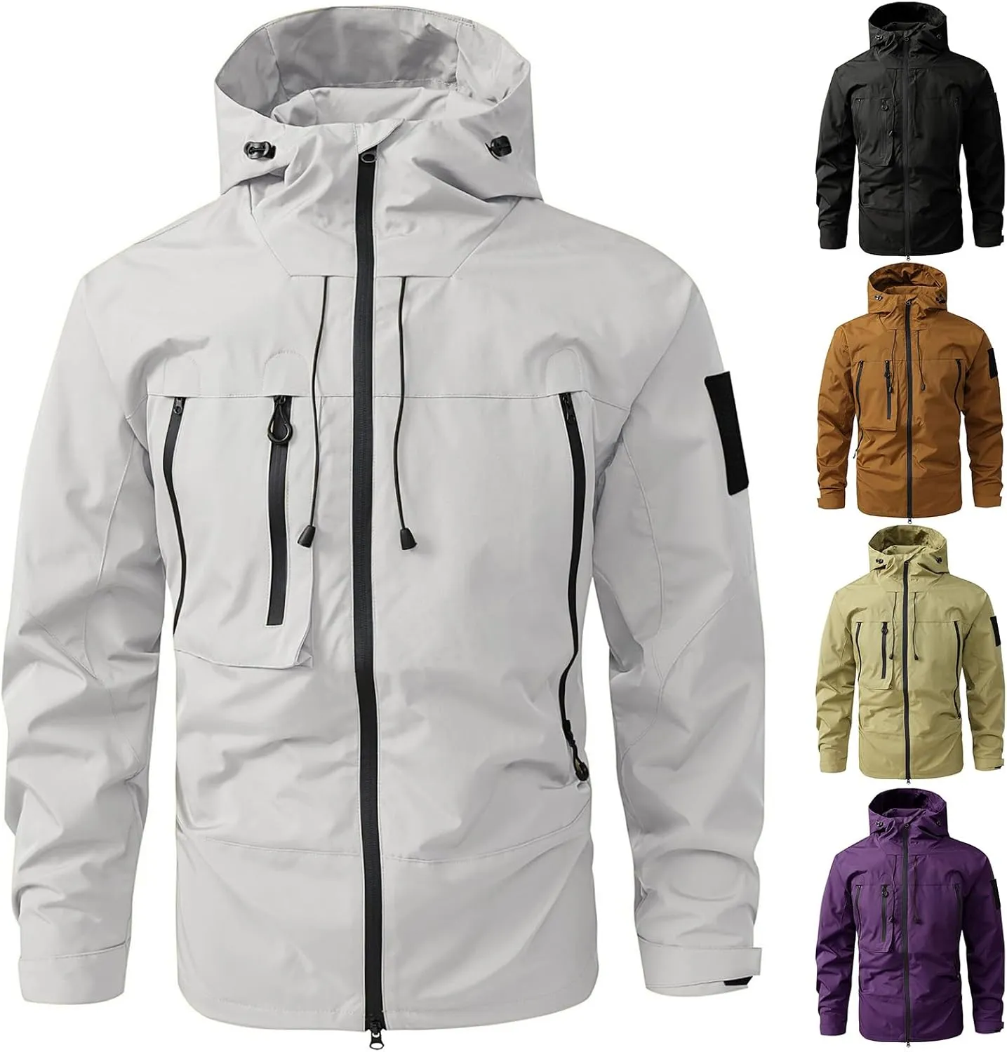 evzosrz Men's Tactical Lightweight Jacket Zip Hooded Outdoor Raincoat Running Hiking Travel Windbreaker Hoodies with Pockets