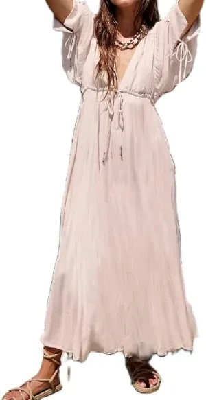 FEORJGP Women Bohemian Loose Fit Maxi Dress Boho V-Neck Puff Short Sleeve Midi Dress Ruffle Tiered Flowy Long Dress Beachwear
