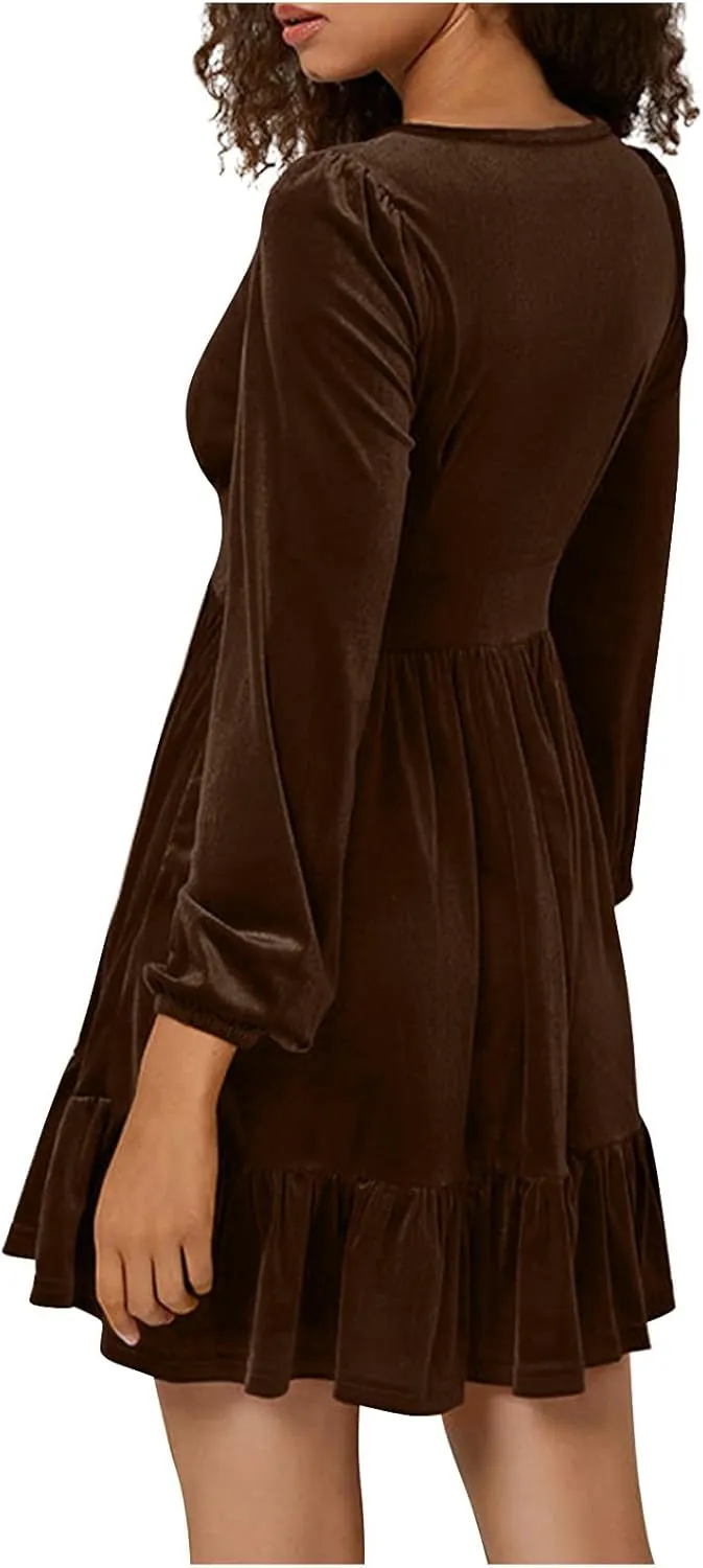Firzero Womens Evening Party Dresses Plus Size Velet Ruffle Flowy Short Dress Casual V Neck Long Sleeve A Line Formal Dresses