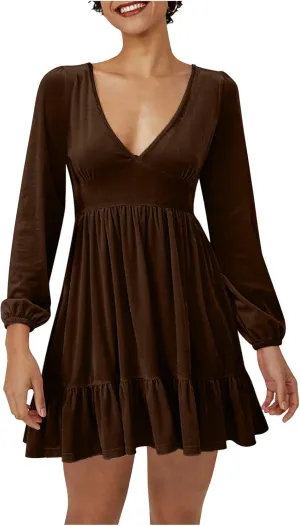 Firzero Womens Evening Party Dresses Plus Size Velet Ruffle Flowy Short Dress Casual V Neck Long Sleeve A Line Formal Dresses