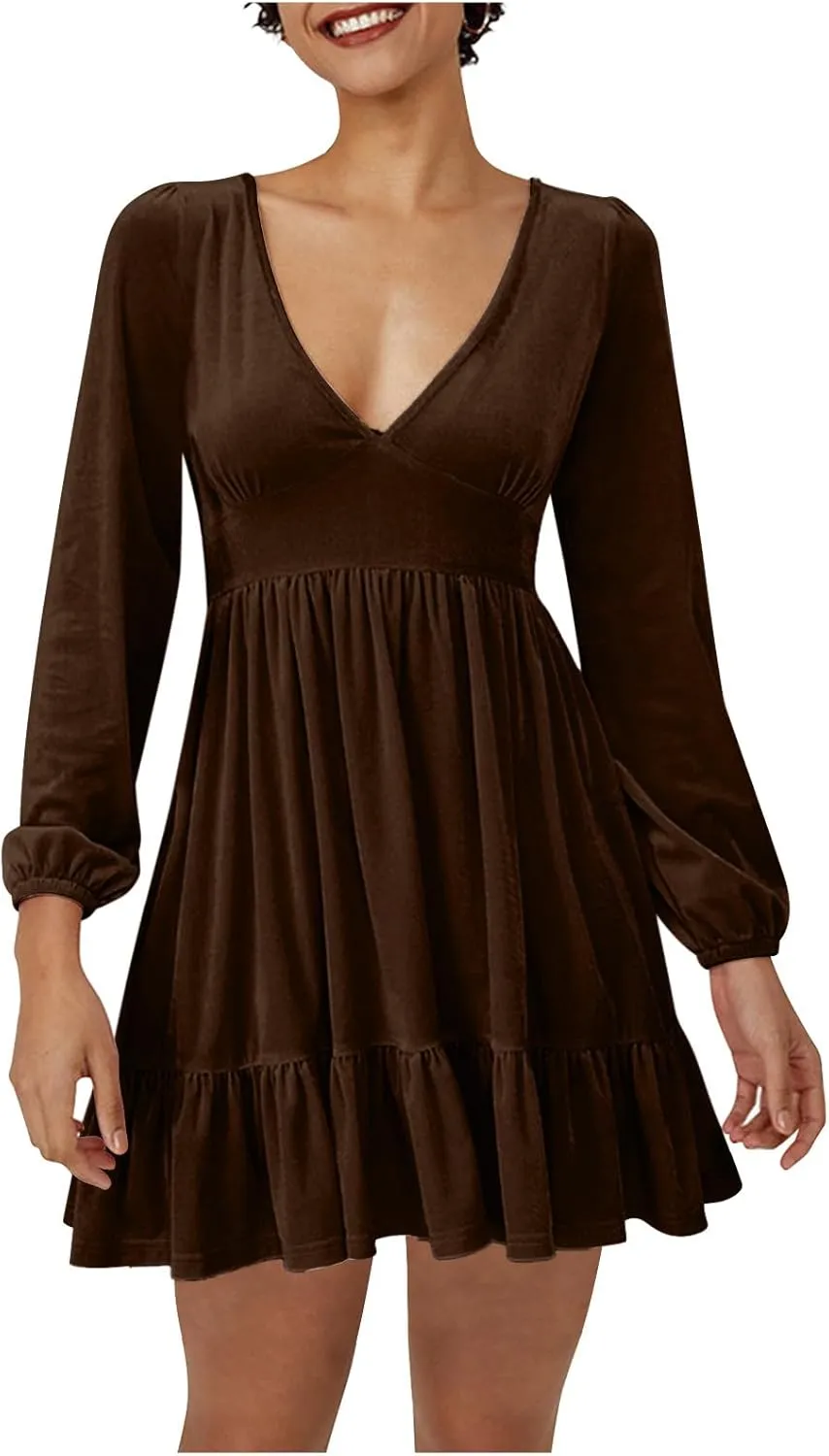 Firzero Womens Evening Party Dresses Plus Size Velet Ruffle Flowy Short Dress Casual V Neck Long Sleeve A Line Formal Dresses
