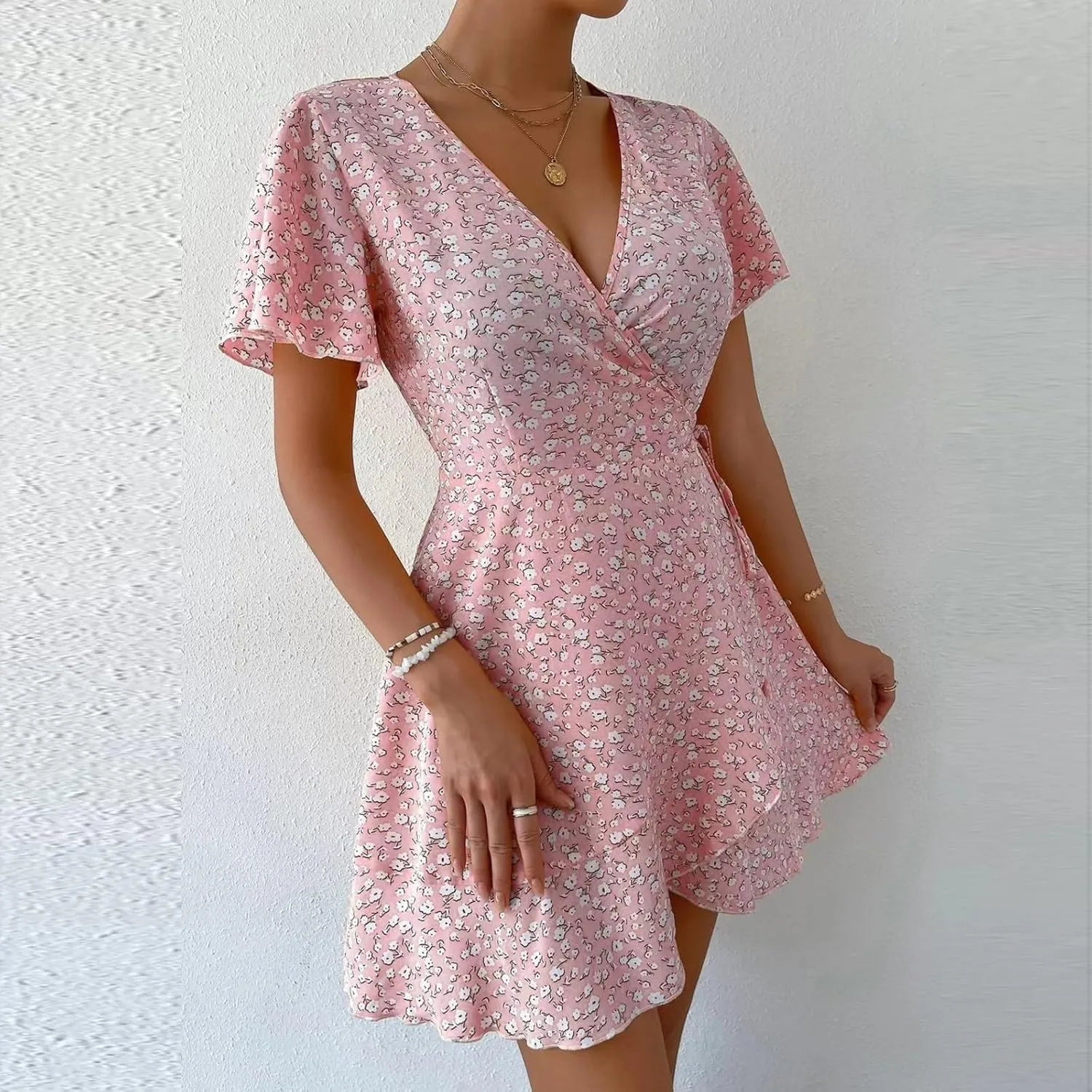 Floral Dress for Women V Neck T Shirt Dress Short Tie Elastic Waist Mini Dress Casual A-Line Ruffle Beach Dresses