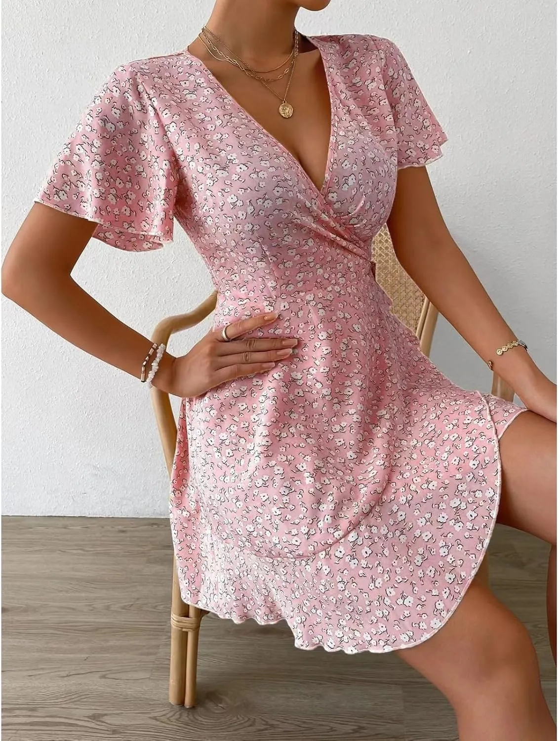 Floral Dress for Women V Neck T Shirt Dress Short Tie Elastic Waist Mini Dress Casual A-Line Ruffle Beach Dresses