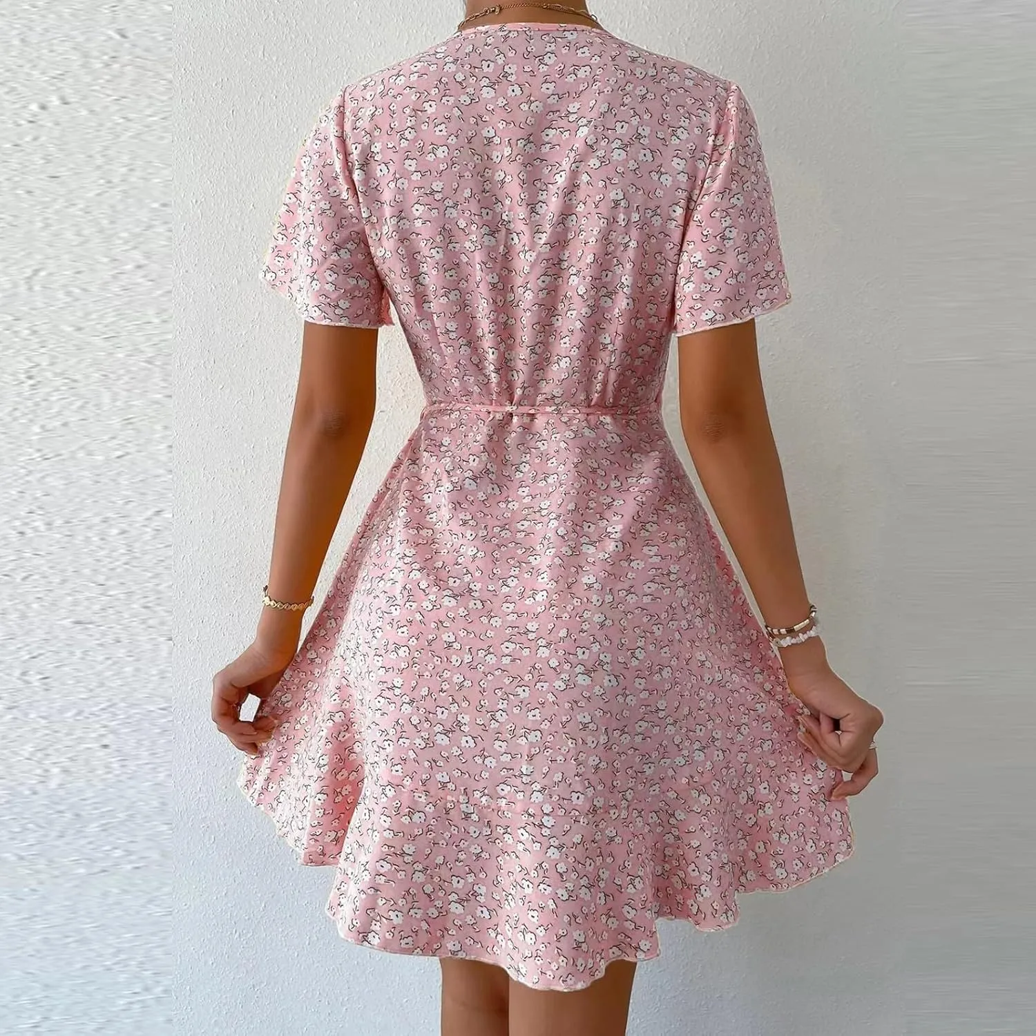 Floral Dress for Women V Neck T Shirt Dress Short Tie Elastic Waist Mini Dress Casual A-Line Ruffle Beach Dresses